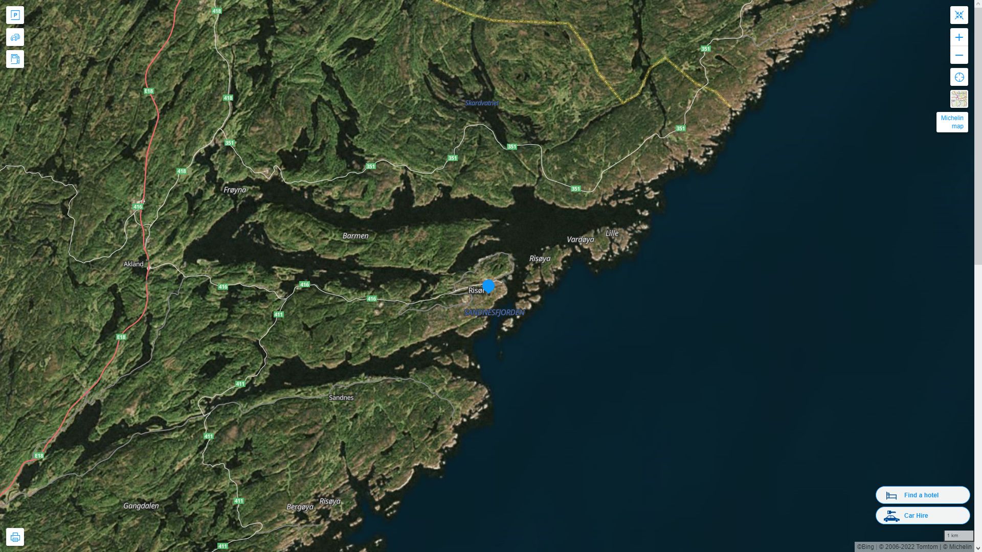 Risor Norvege Autoroute et carte routiere avec vue satellite